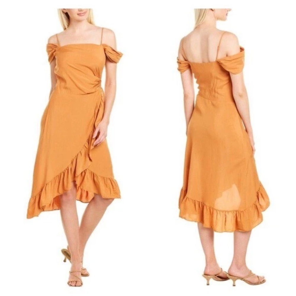 New! NWT MAJE Wrap Effect Cold Shoulder Ruffle Midi Dress in Terracotta